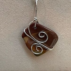 BROWN MOOKITE JASPER PENDANT WRAPPED IN STERLING SILVER WIRE